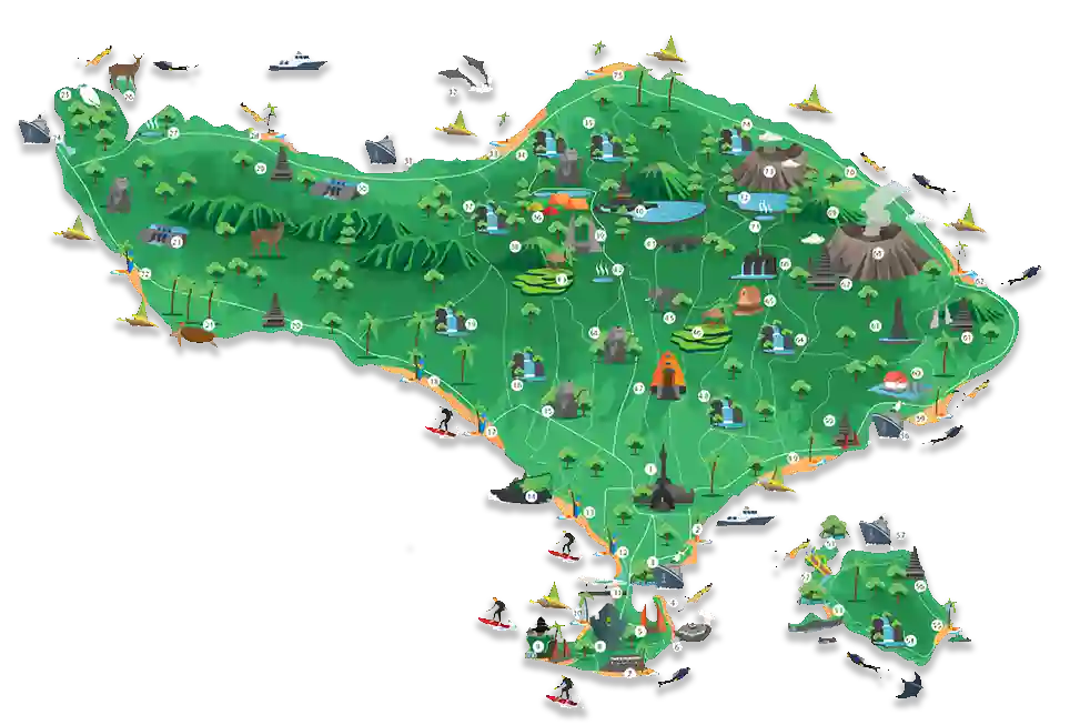 Bali destination map with highlighted tourist routes