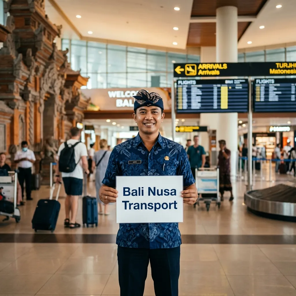 Balinese private driver holding a sign at airport arrivals