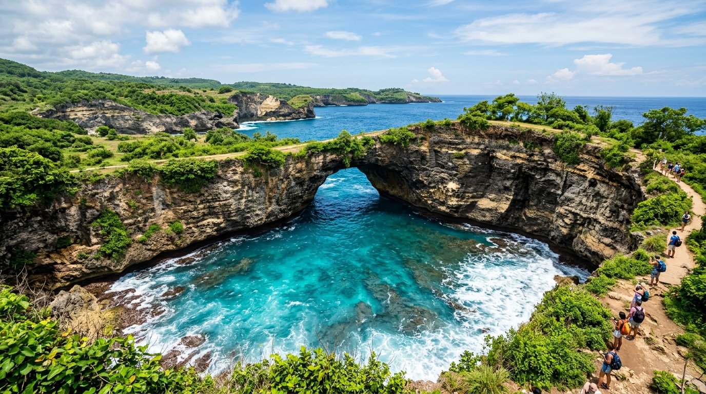 Broken Beach natural limestone arch and turquoise bay in Nusa Penida