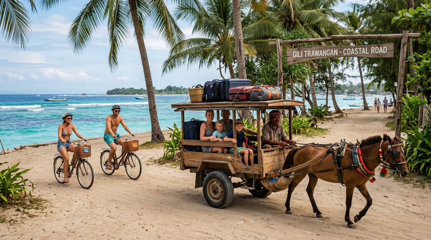 Getting around Gili Islands with traditional Cidomo horse cart and bicycles
