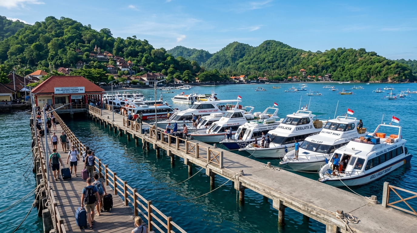 Padang Bai Harbour in East Bali with passenger fast boats docked at the pier
