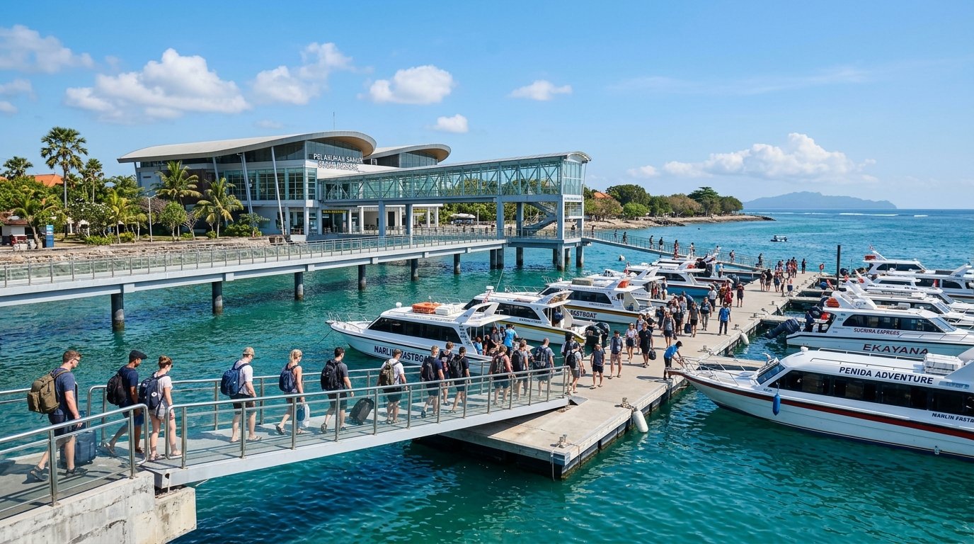 Modern Sanur Harbour passenger terminal and speedboat boarding pontoon