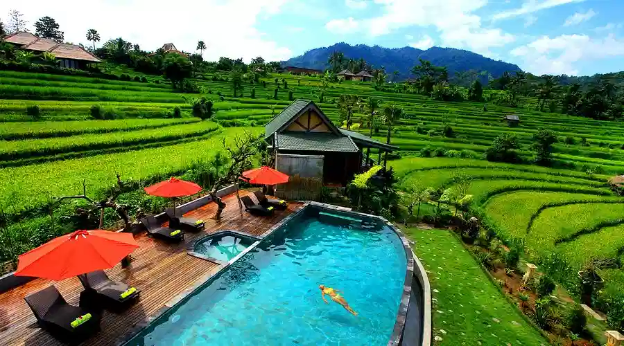 Mountain and rice terrace views from Sawah Indah Villa in Sidemen East Bali